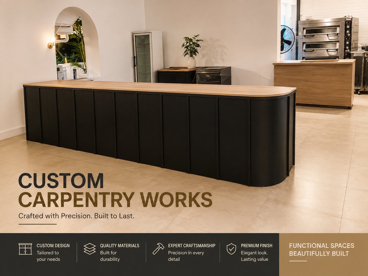 Cafe fit-out in Singapore with custom curved service counter and timber worktop
