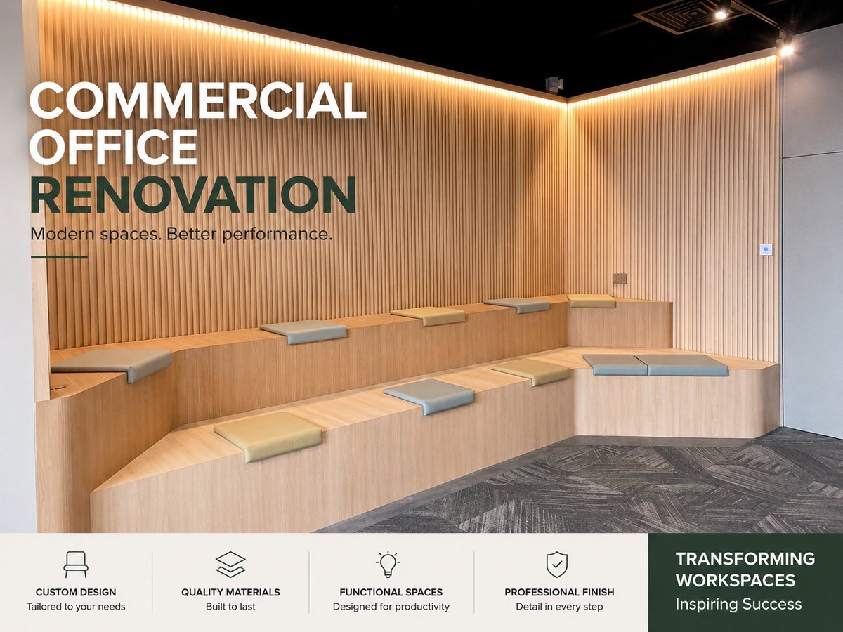 Office renovation in Singapore with timber slat wall and tiered seating area