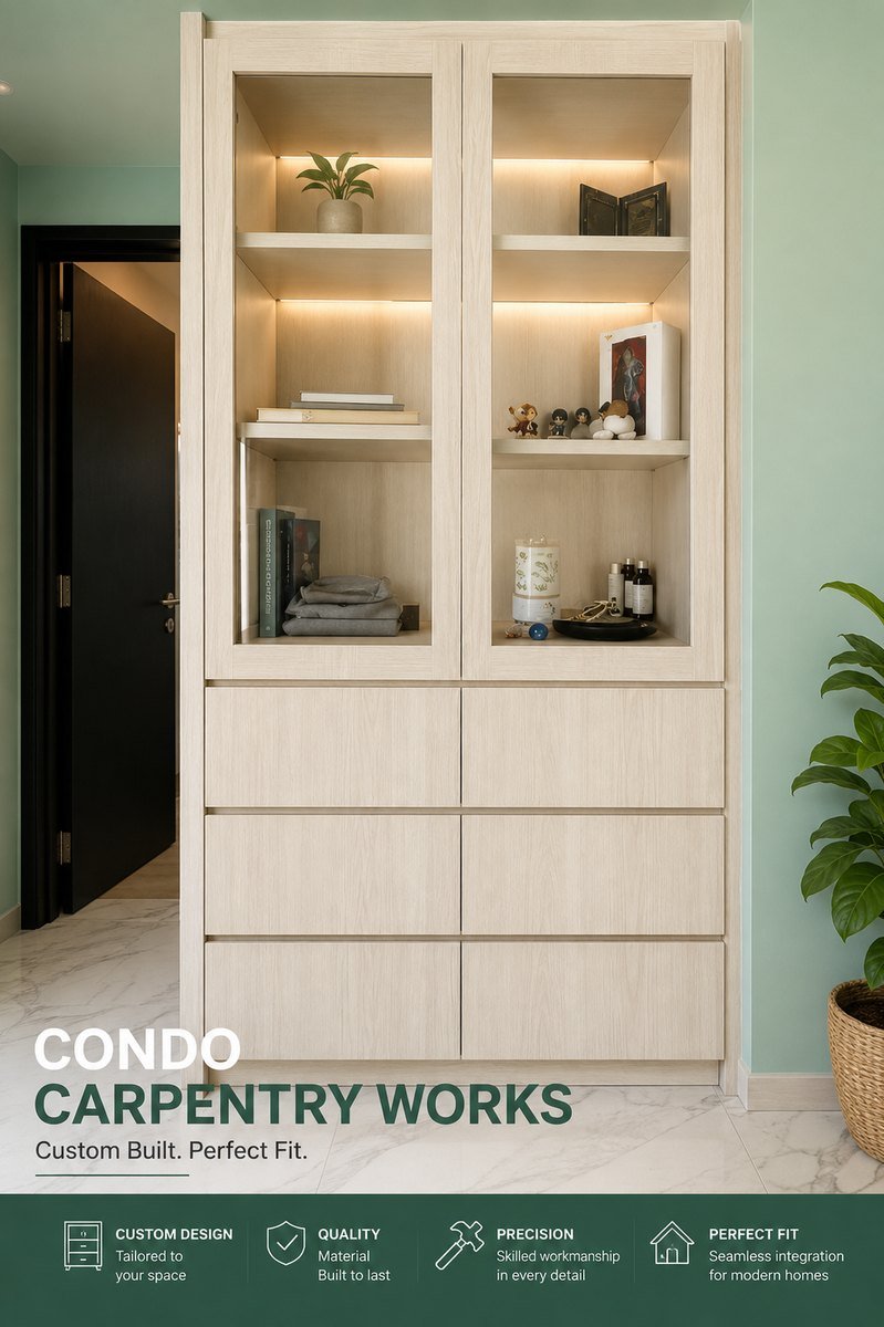 Light oak built-in display cabinet with LED shelving in a Singapore condo