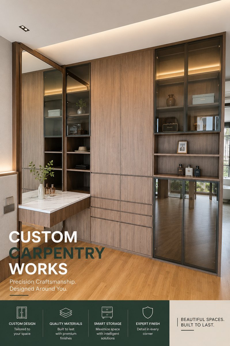 Full-height custom wardrobe with glass display cabinets and marble dresser in Singapore