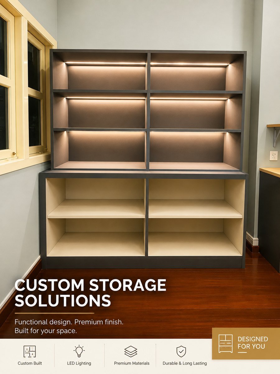 Custom storage unit with LED-lit open shelving in a Singapore condominium