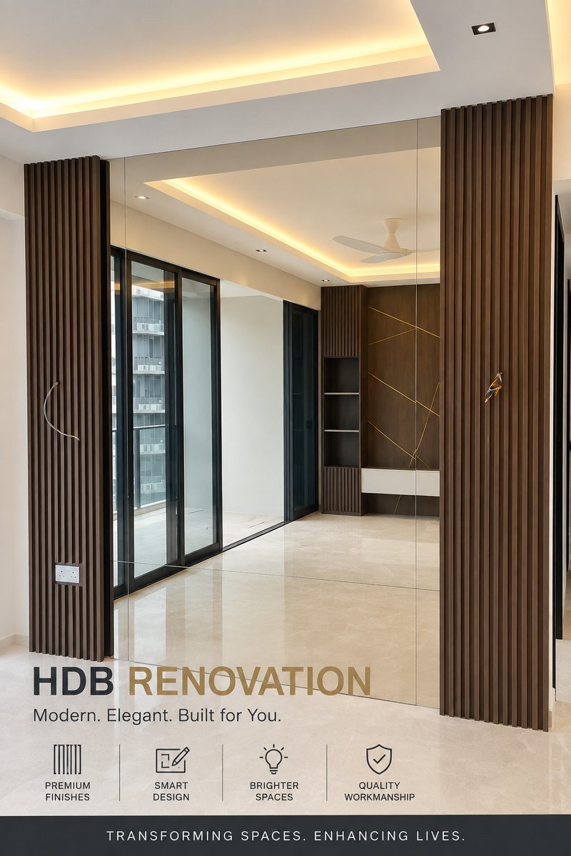 HDB living room renovation in Singapore with timber slat feature wall and cove lighting
