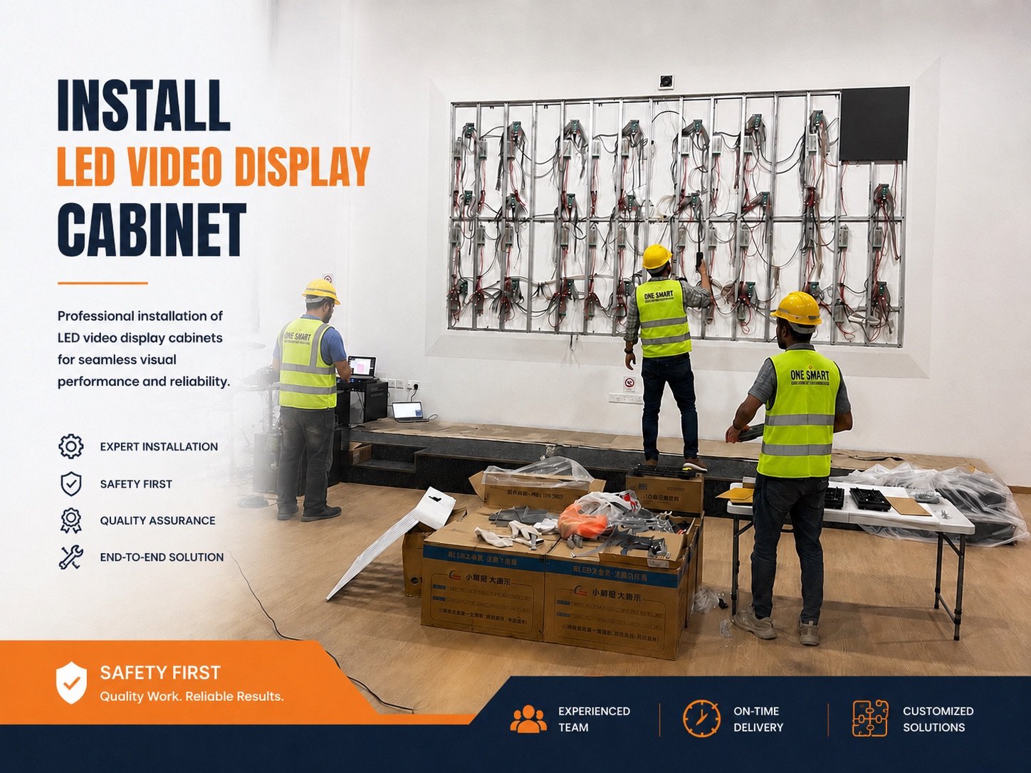 LED video display cabinet installation in a Singapore commercial fit-out