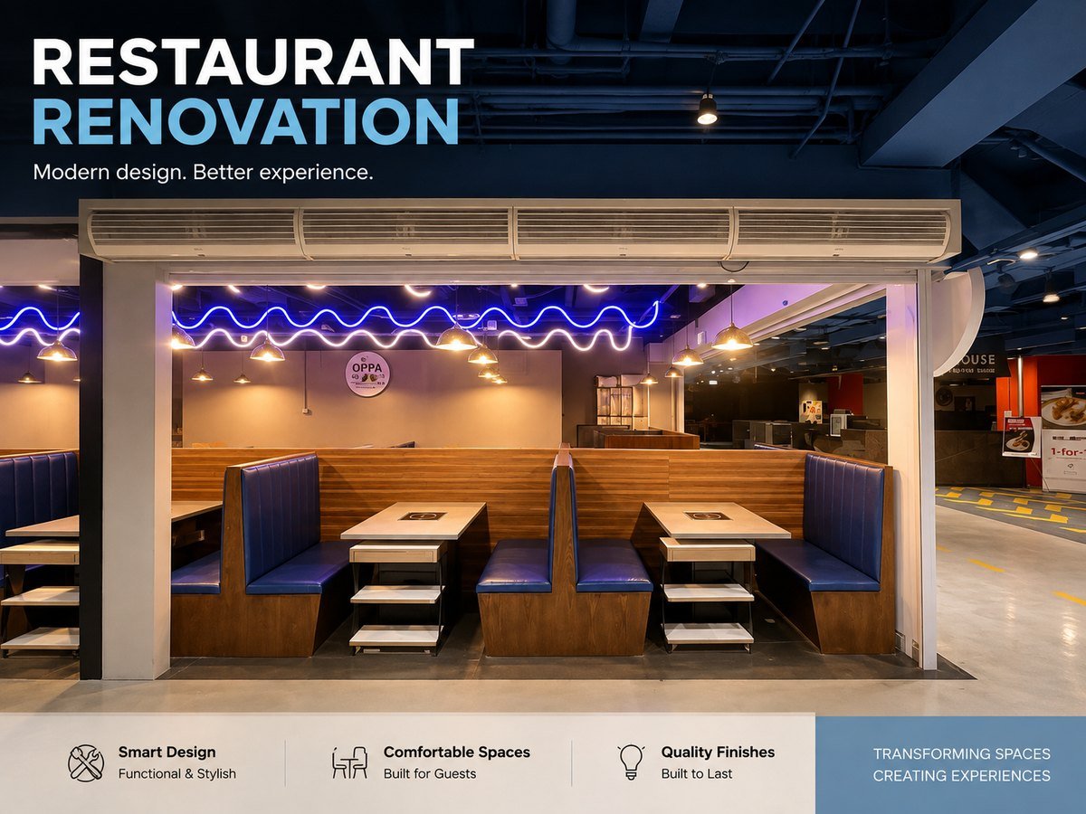 Restaurant renovation in Singapore with booth seating and neon feature lighting