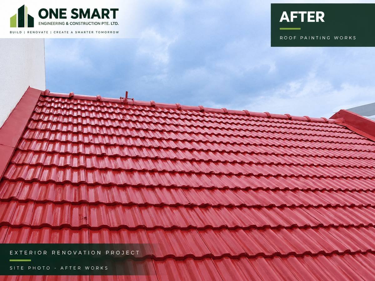 Concrete tile roof after pressure washing, anti-fungal treatment and recoating in a uniform red finish