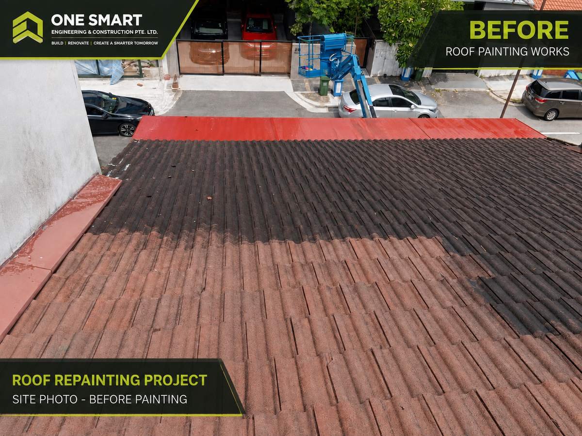 Weathered concrete roof tiles covered in moss and algae, partly pressure washed before repainting in Singapore
