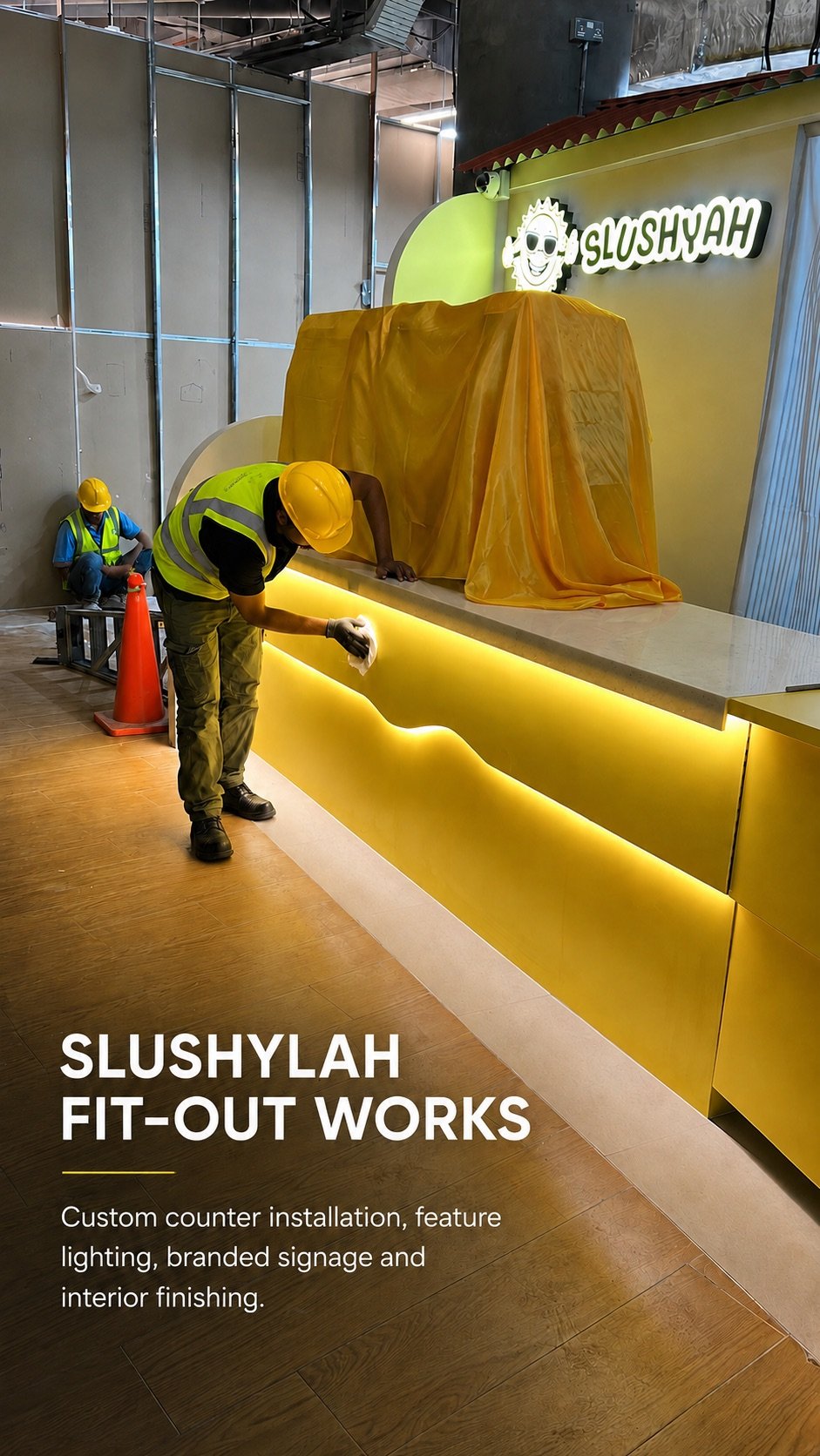 Slushylah cafe fit-out in Singapore with custom counter installation, feature lighting and branded signage